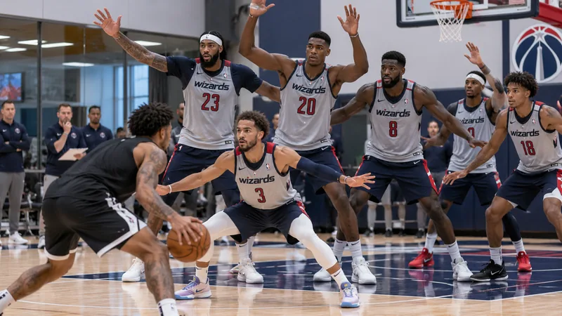 Satirical Wizards practice scene with a Trae Young-like guard defending the ball while a wall of much taller Washington teammates waits behind him as help.