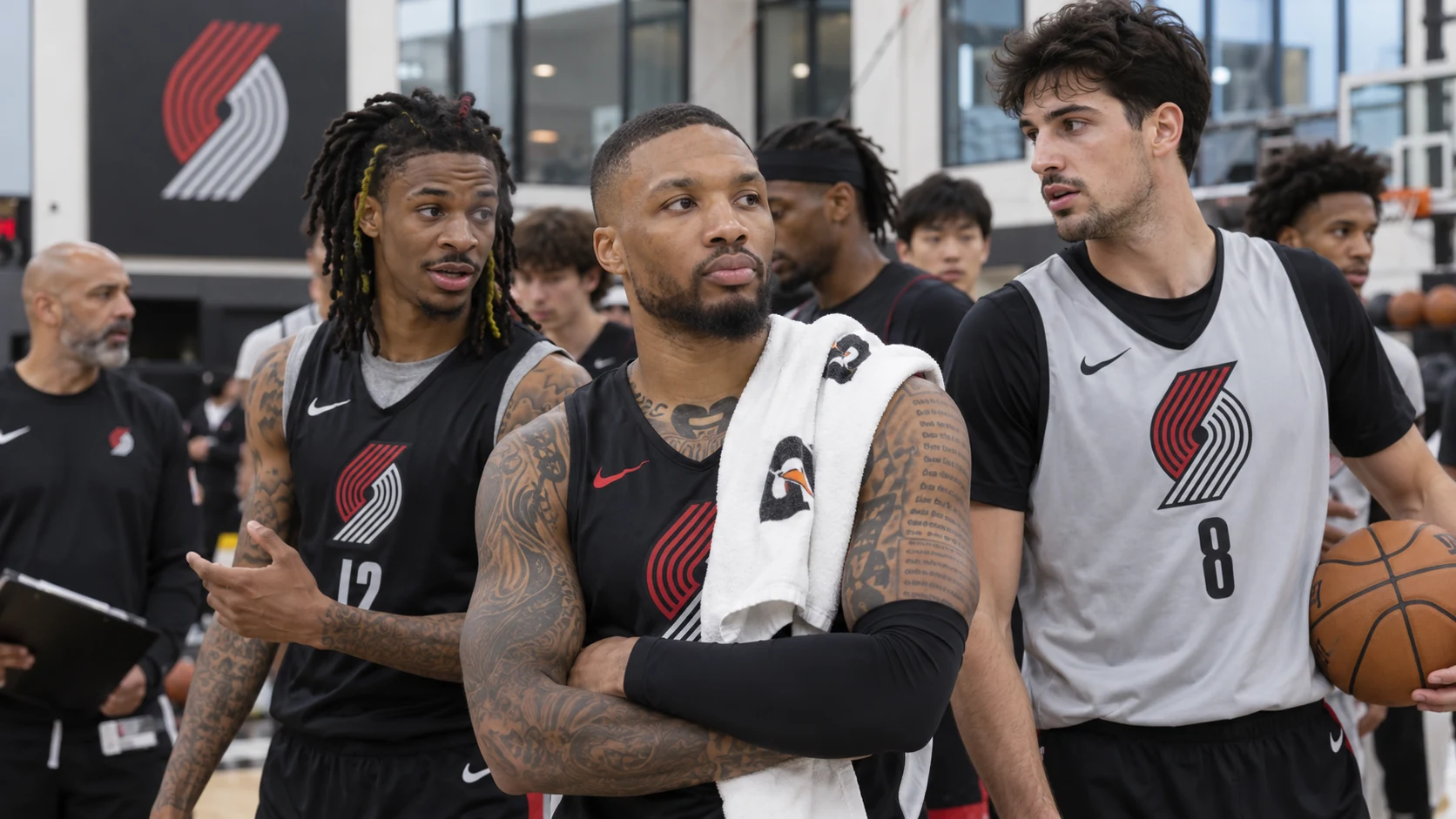 Damian Lillard stands with Ja Morant and another Trail Blazers teammate at practice during training camp.