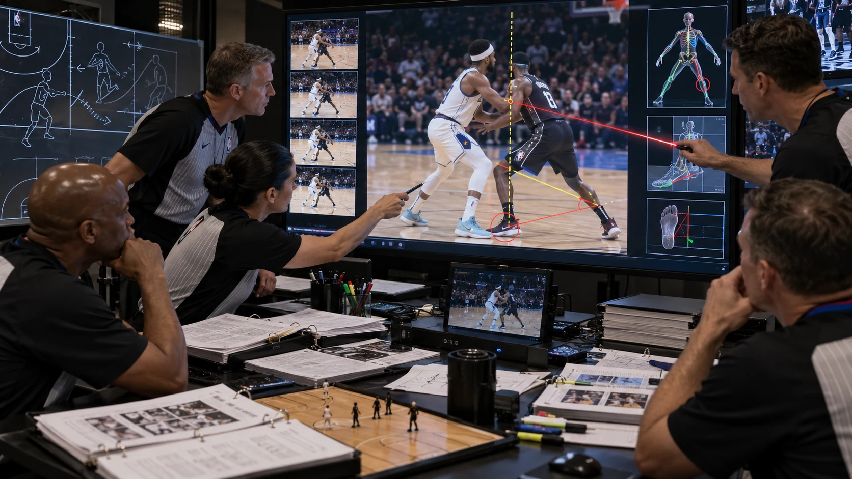 A group of NBA referees in a film room study a screen action on a giant monitor with diagrams and laser pointers.