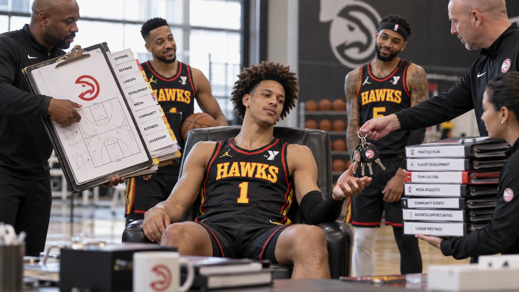 Jalen Johnson sits in a chair at the Hawks facility while staff hand him keys, binders and a giant clipboard.