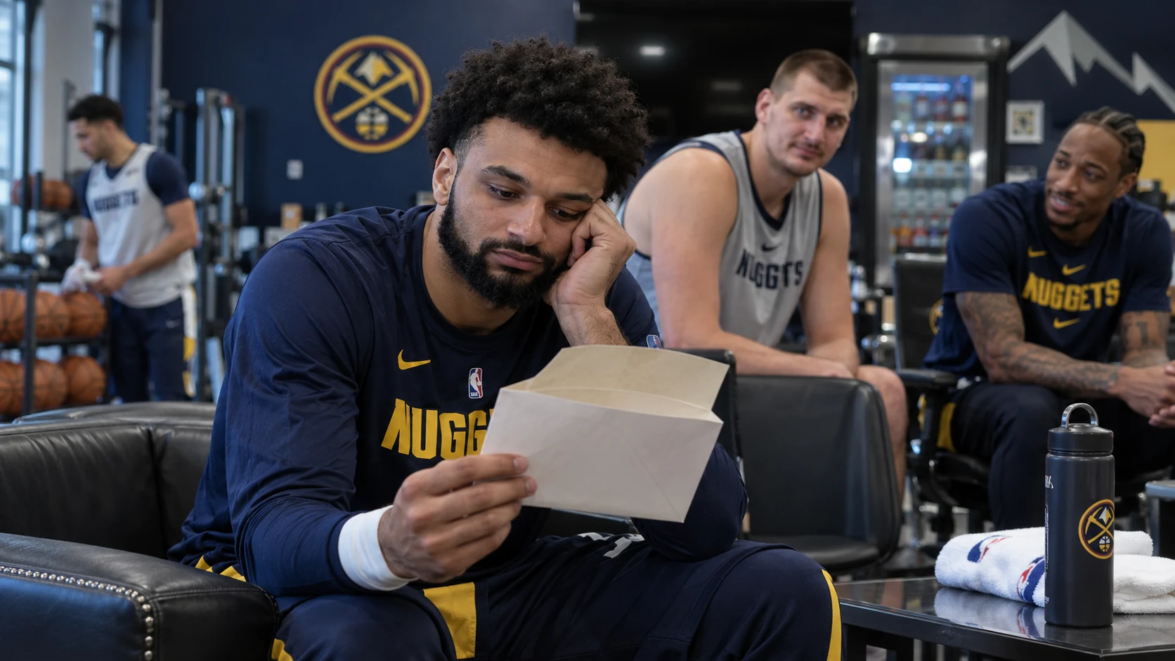 Jamal Murray sits in the Nuggets facility looking down at an envelope while Nikola Jokic and DeMar DeRozan sit behind him.