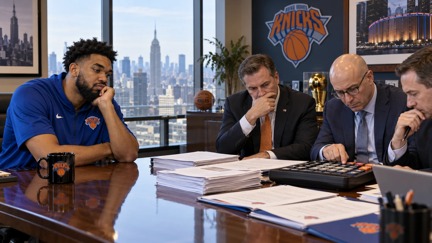 Karl-Anthony Towns sits at a conference table in Knicks gear while team executives study paperwork and a giant calculator.