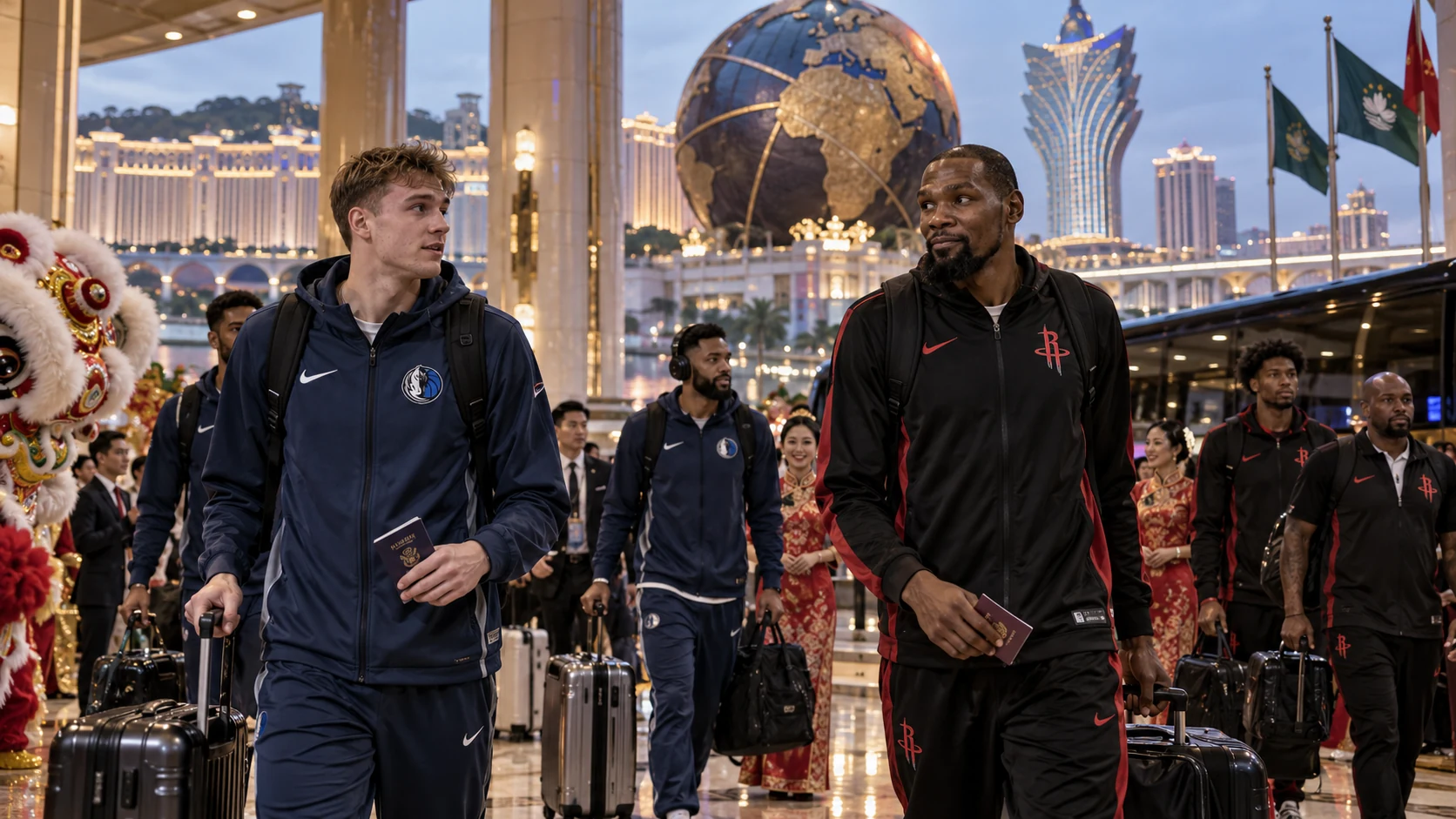 Cooper Flagg of the Mavericks and Kevin Durant of the Rockets arrive with luggage in a Macau hotel or arena entrance.