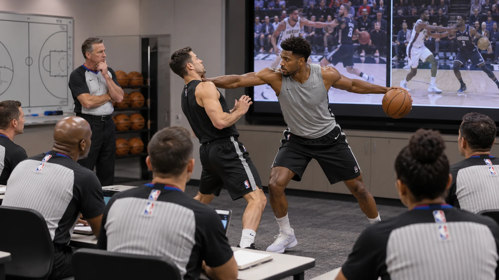 NBA referees sit in a training room watching a live demonstration of an exaggerated off-arm push-off.