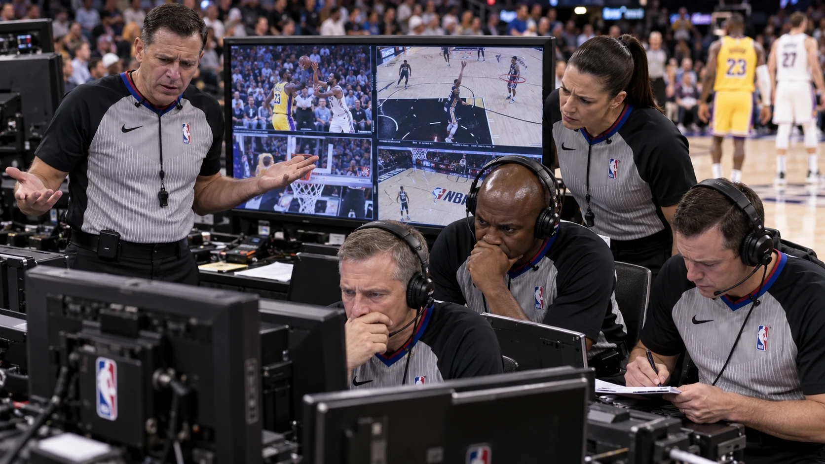 A courtside NBA replay station full of officials staring uncertainly at multiple monitors during a long review.