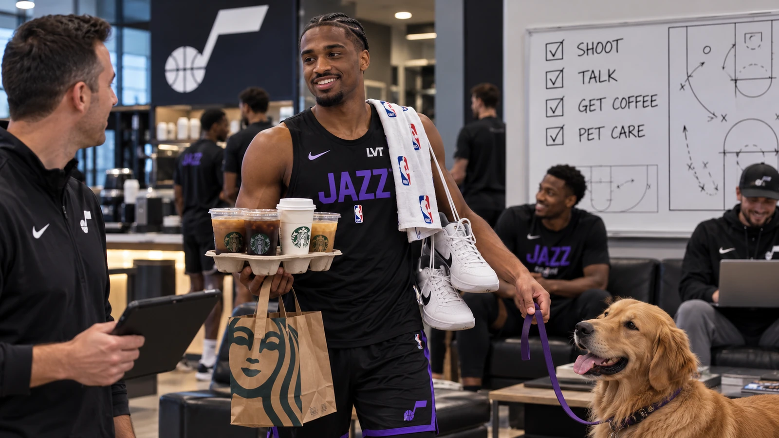 Blake Hinson carries several coffees and a pair of shoes through a Utah Jazz facility while holding a golden retriever on a leash beside a task-list whiteboard.