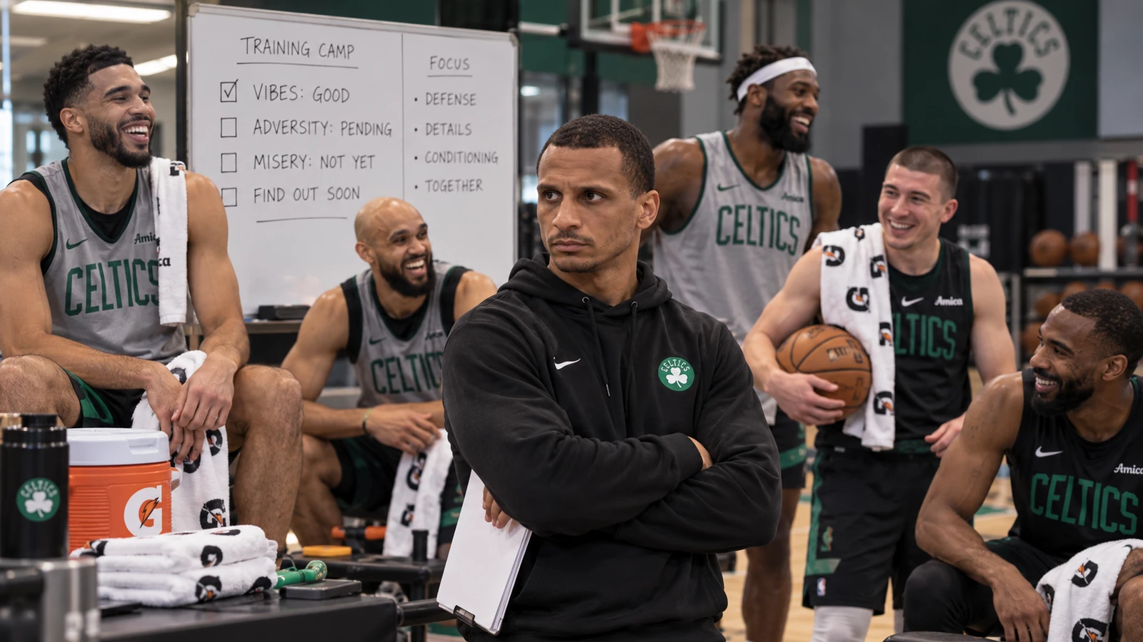 A stern Joe Mazzulla stands with arms crossed in a Boston Celtics practice facility while smiling players relax around him and a whiteboard says vibes are good but misery has not started yet.