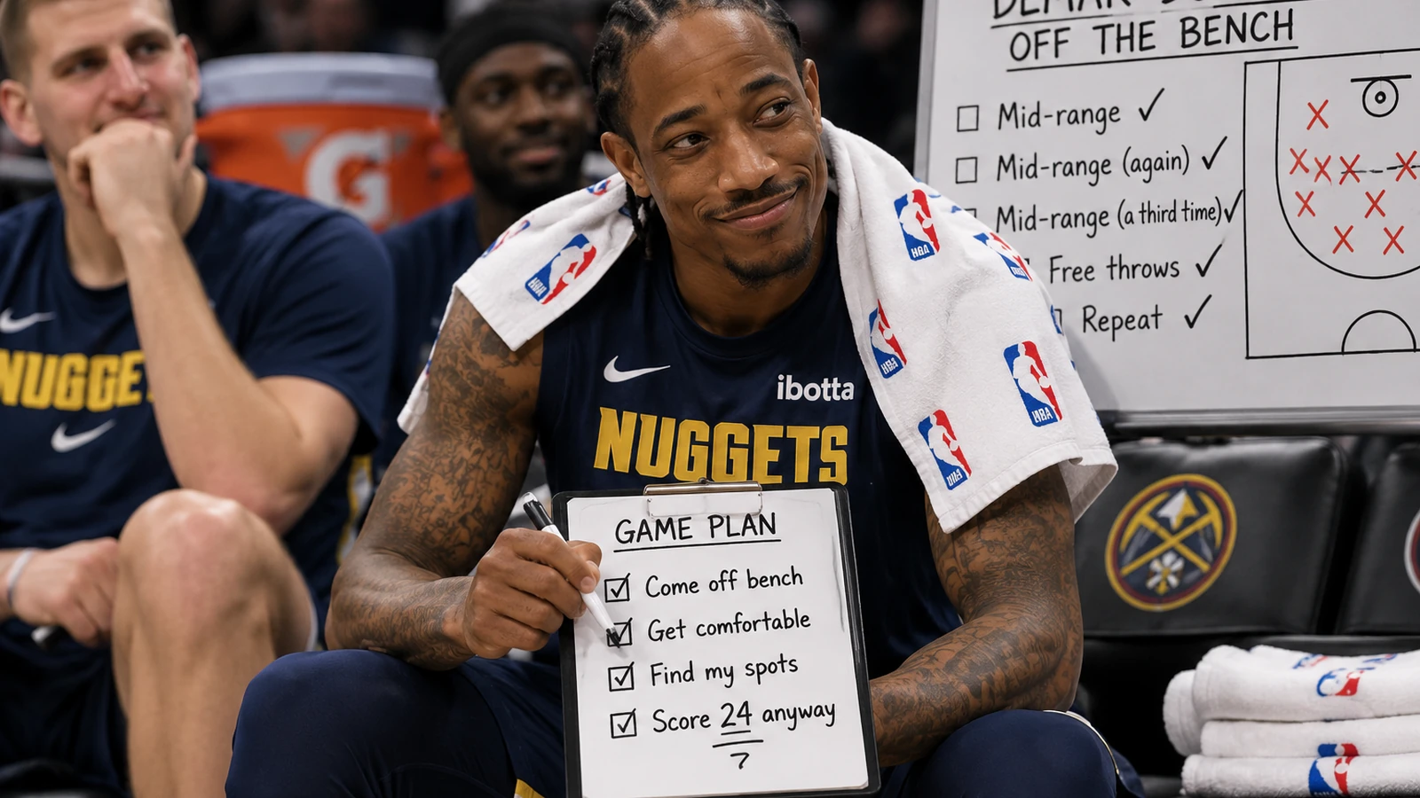 DeMar DeRozan sits on the Denver Nuggets bench holding a game-plan clipboard while a whiteboard behind him maps out repeated mid-range shots.