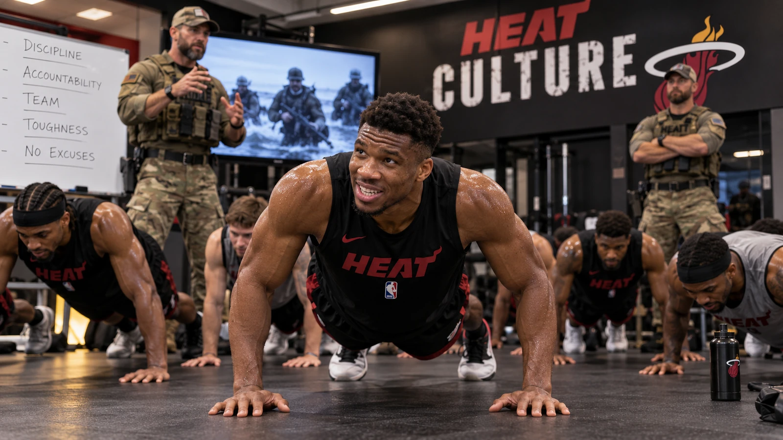 Giannis Antetokounmpo leads Miami Heat players through push-ups in a Heat training facility while two military-style instructors supervise beneath Heat Culture signage.