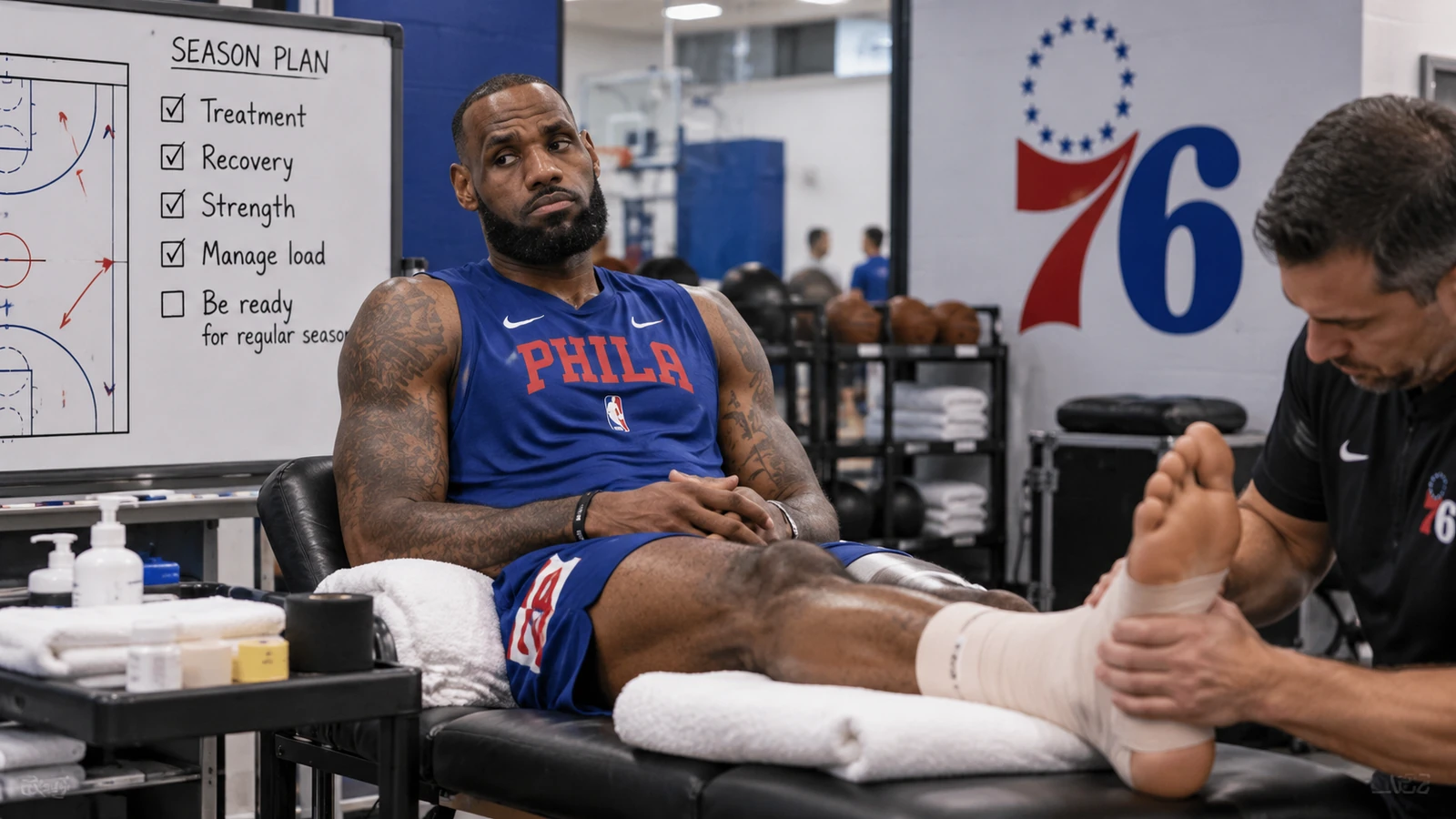 LeBron James sits on a Philadelphia 76ers treatment table while a trainer works on his left foot beside a season-plan whiteboard focused on recovery and load management.