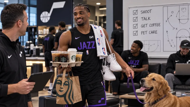 Blake Hinson carries several coffees and a pair of shoes through a Utah Jazz facility while holding a golden retriever on a leash beside a task-list whiteboard.