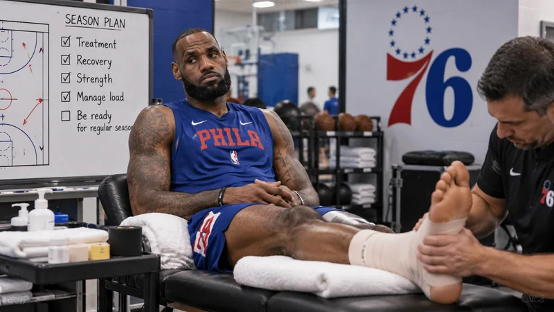 LeBron James sits on a Philadelphia 76ers treatment table while a trainer works on his left foot beside a season-plan whiteboard focused on recovery and load management.