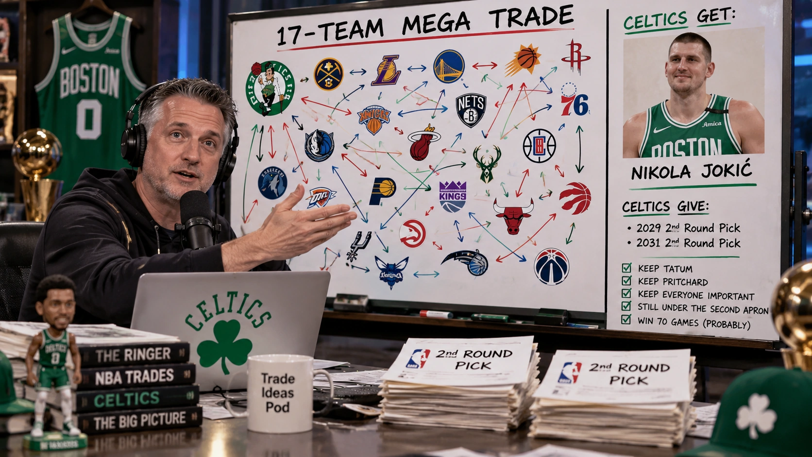 Satirical Bill Simmons podcast image illustrating an implausibly favorable Celtics trade proposal.