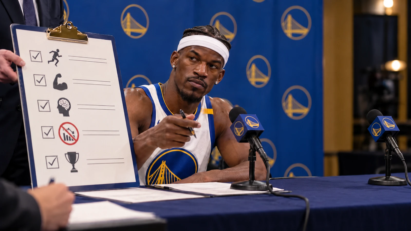 Satirical Warriors press conference image showing Jimmy Butler beside a checked performance checklist, with Adam Silver removed.