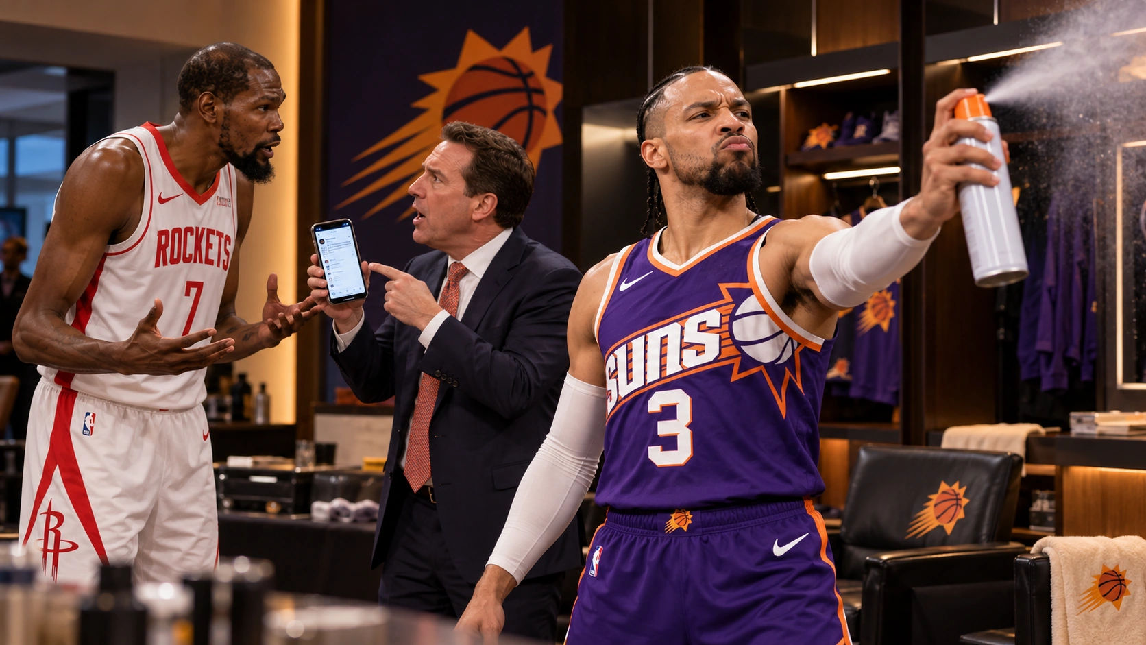 Satirical NBA image for Kevin Durant, Mat Ishbia and Dillon Brooks discussing Phoenix culture after the Durant trade.