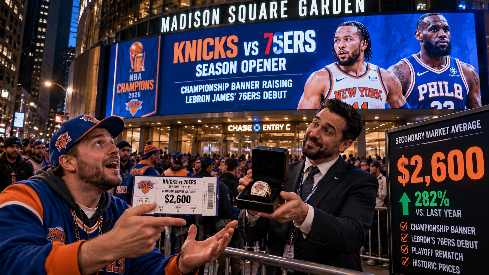 Satirical cinematic scene outside Madison Square Garden showing a stunned Knicks fan reacting to an extremely expensive opening-night ticket.