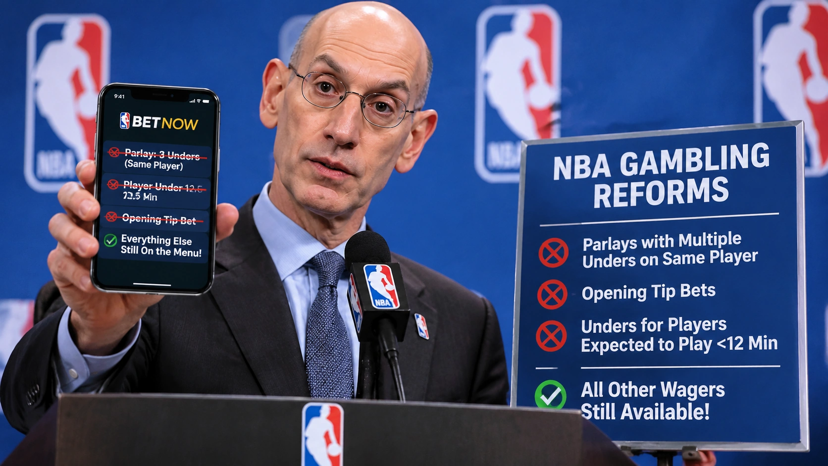 Satirical NBA gambling image illustrating a league effort to reduce only a small portion of betting options.