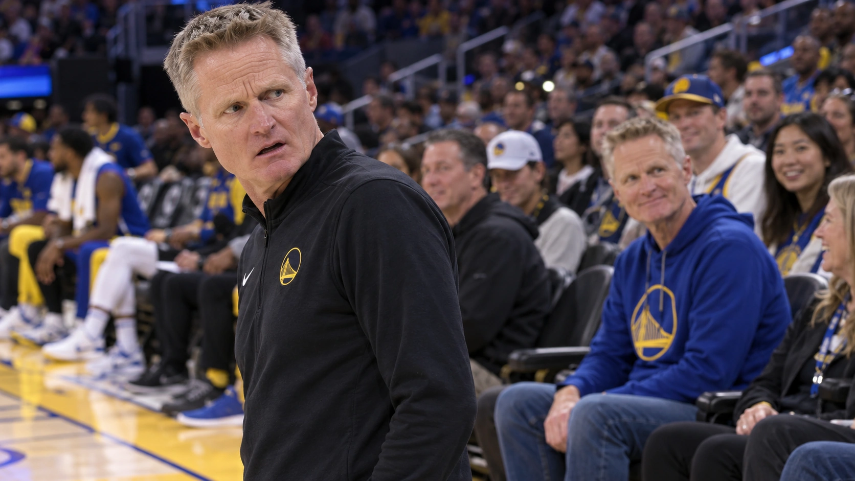 Satirical Warriors image accompanying Steve Kerr discovering a convenient look-alike to blame for questionable rotations.