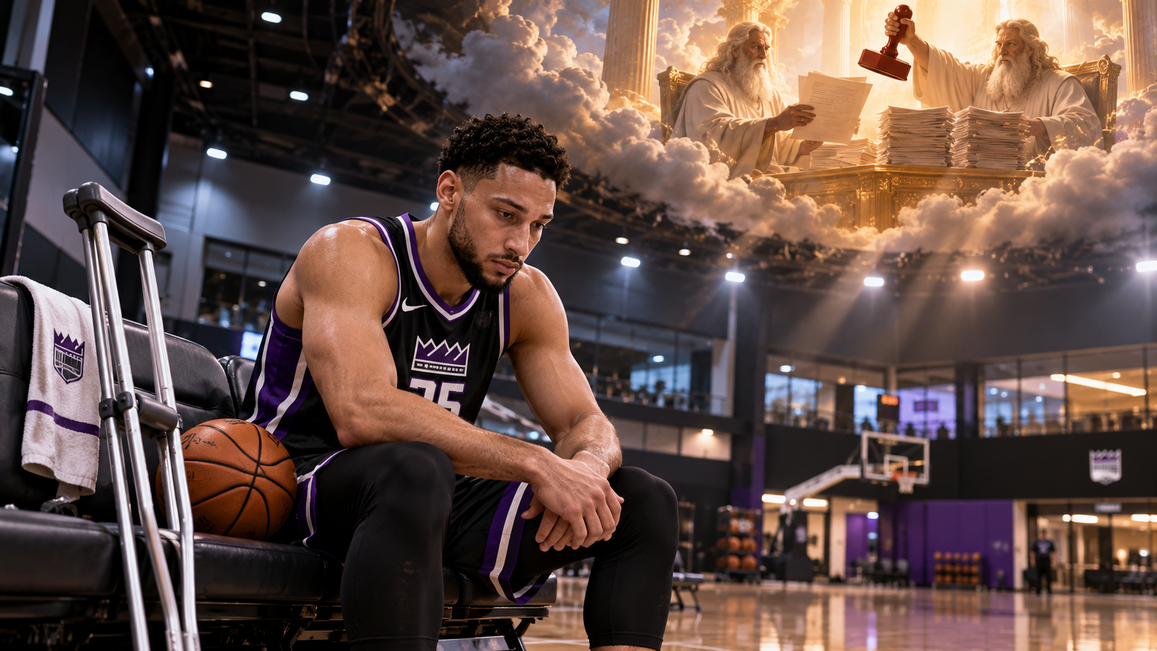 Ben Simmons sits dejected on a Kings training-facility bench with crutches nearby, while two heavenly officials review papers and hold a stamp above him.