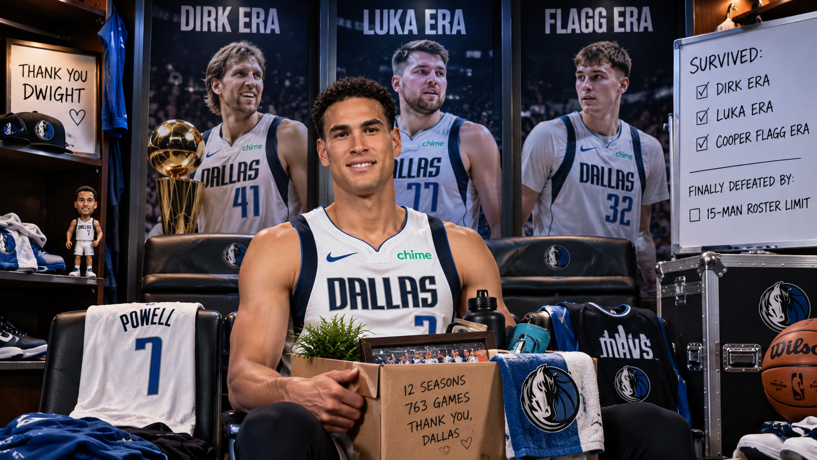 Dwight Powell sits with a farewell box in a Dallas Mavericks locker room before portraits of Dirk Nowitzki, Luka Dončić, and Cooper Flagg and a 15-man roster board.