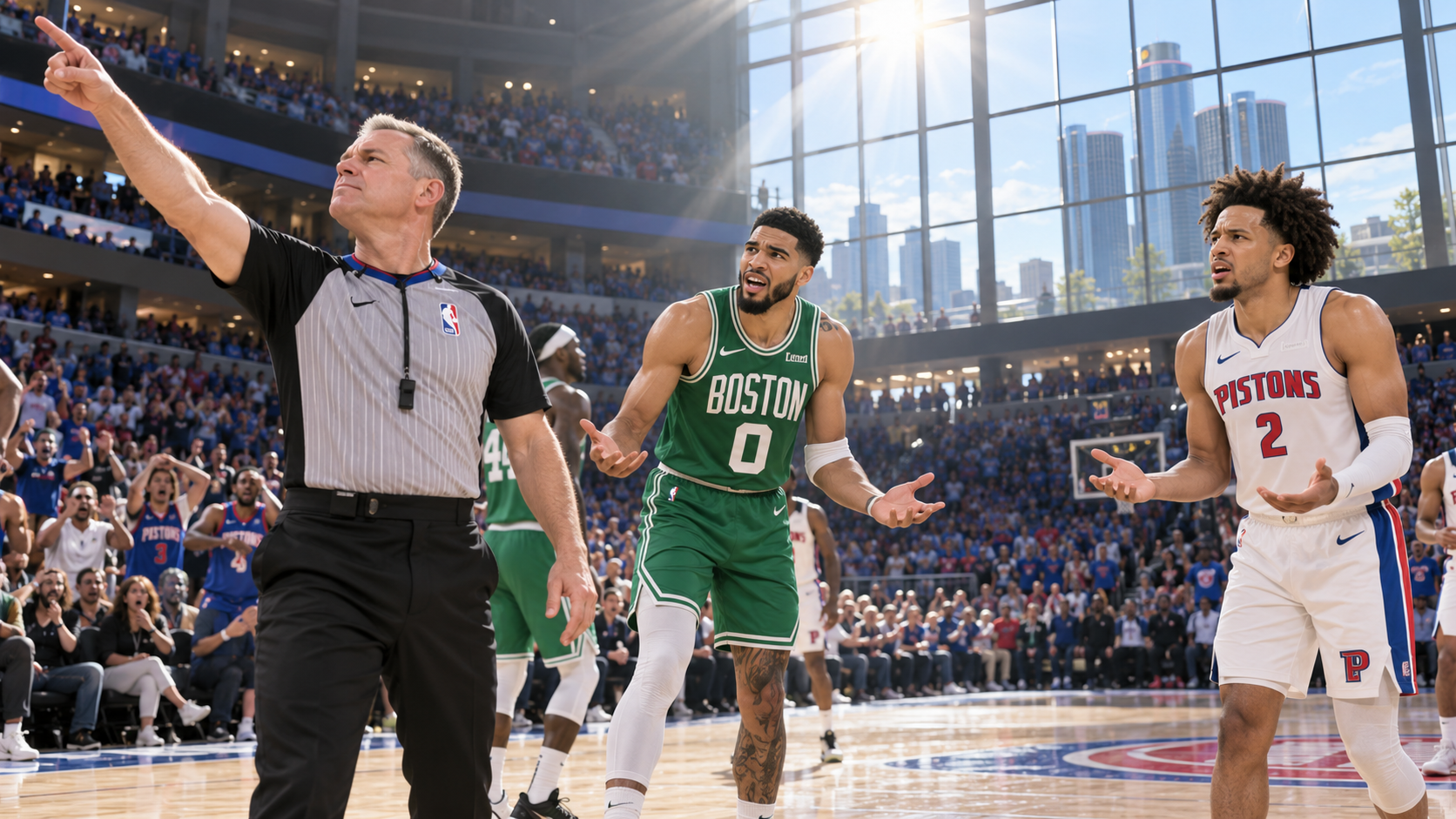 An NBA referee makes a disputed call in bright afternoon sunlight as Celtics player Jayson Tatum and Pistons player Cade Cunningham protest.