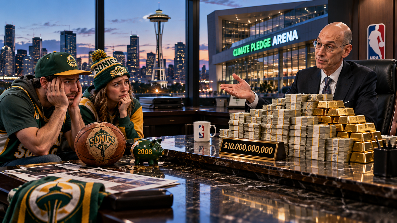 Adam Silver gestures toward $10 billion in cash and gold bars as two disheartened SuperSonics fans sit across a desk with Seattle’s Space Needle visible.
