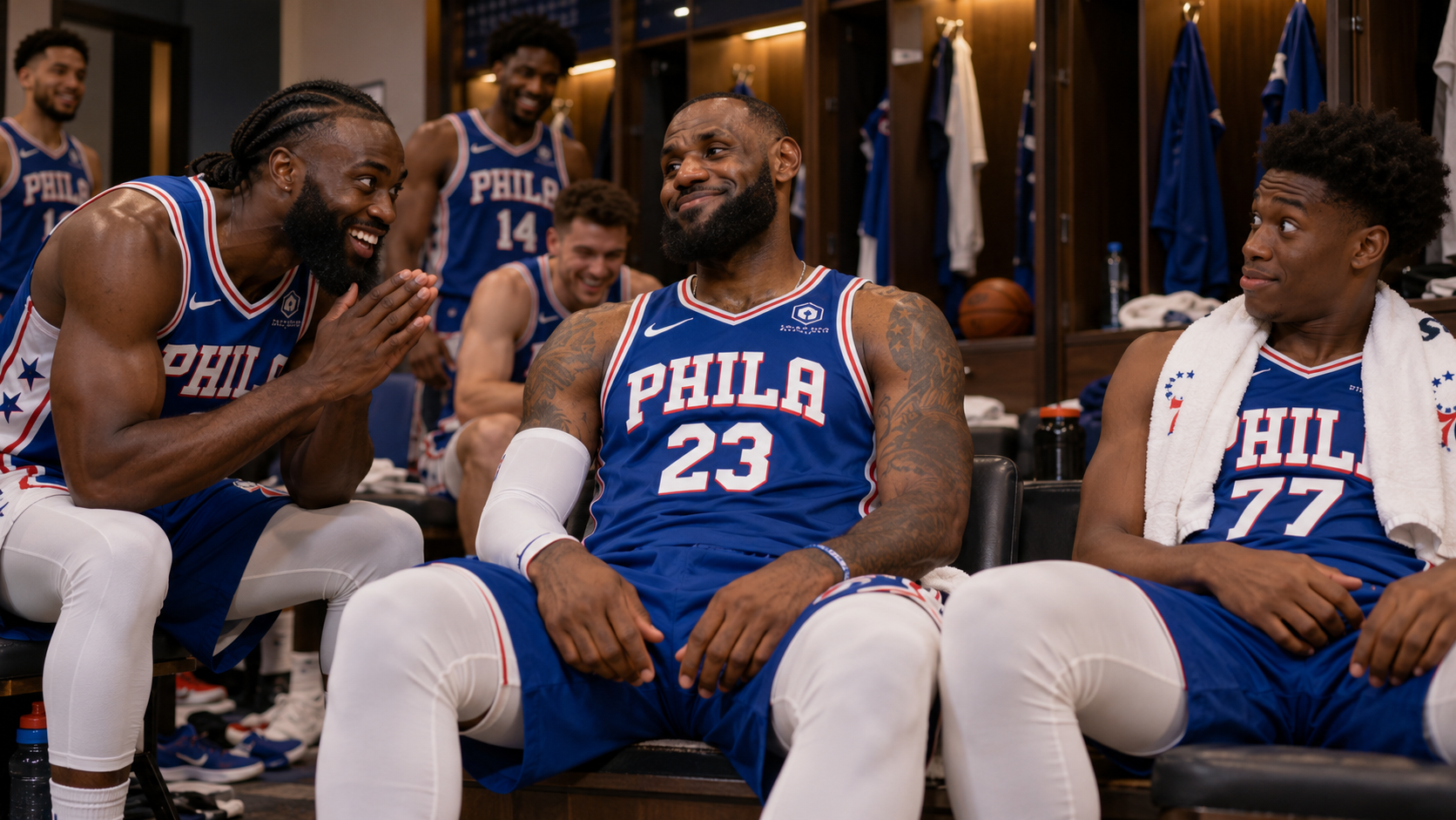 Jaylen Brown excitedly admires a smiling LeBron James in a Sixers locker room while VJ Edgecombe looks astonished at the age gap.