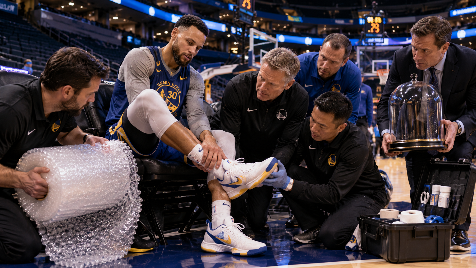 Warriors medical staff and Steve Kerr carefully examine Stephen Curry’s ankle as an assistant unrolls protective bubble wrap and another holds a glass dome.