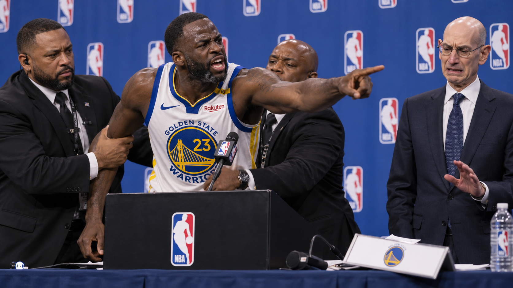 Draymond Green in a white Golden State Warriors No. 23 jersey points furiously at a fictional NBA press conference while security holds him back and Adam Silver recoils.