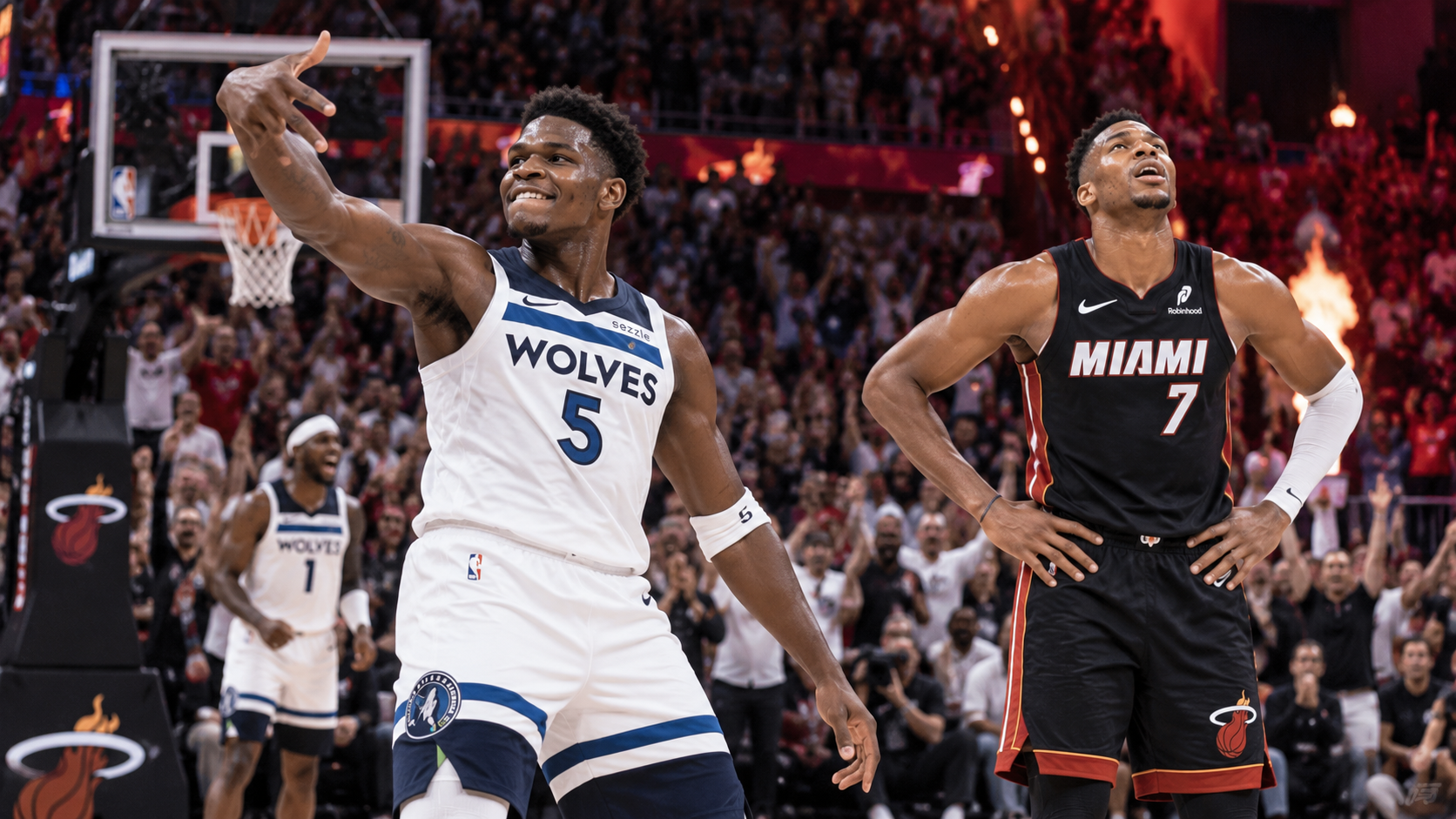 Anthony Edwards celebrates in a white Minnesota Timberwolves No. 5 jersey beside exasperated Giannis Antetokounmpo in a black Miami Heat No. 7 jersey, in a packed Miami arena.
