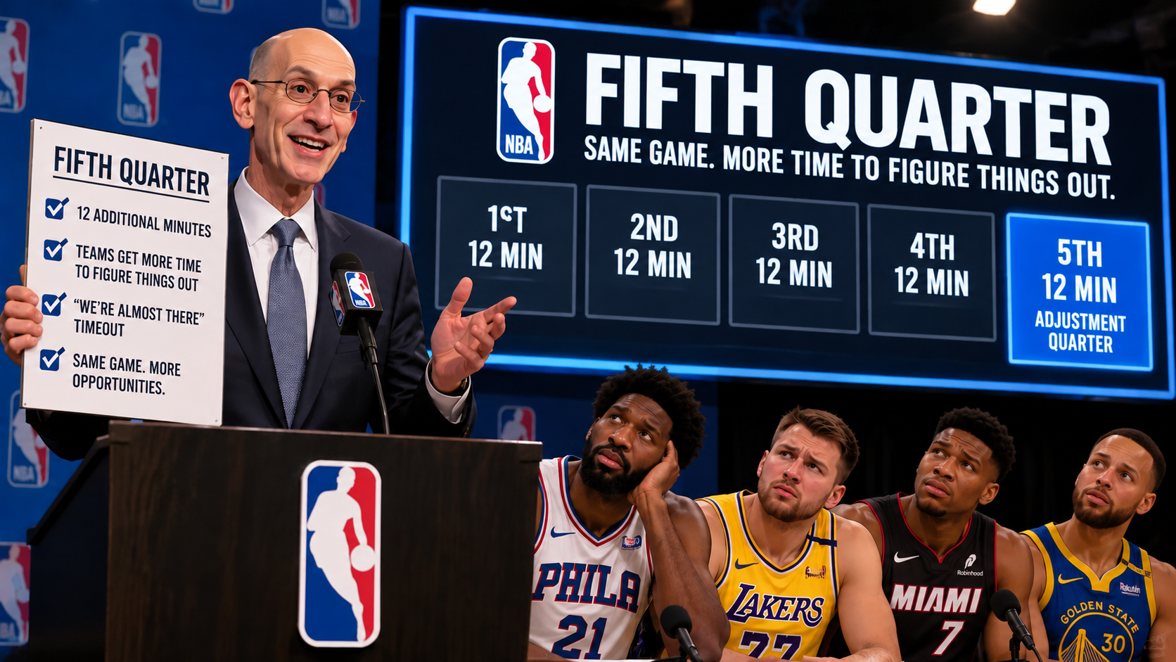 A commissioner resembling Adam Silver unveils a fictional NBA fifth quarter on a large screen while puzzled Joel Embiid, Luka Dončić, Giannis Antetokounmpo and Stephen Curry watch.
