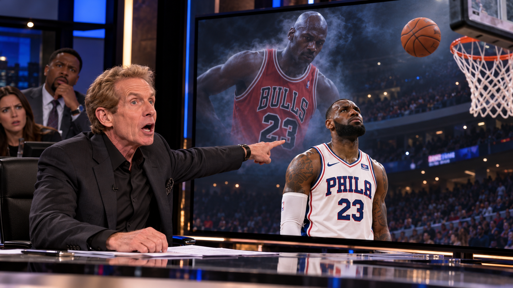 Skip Bayless points at a television studio screen showing LeBron James in a white Philadelphia 76ers No. 23 uniform, with a ghostly Michael Jordan in his historic red Bulls No. 23 jersey behind him.