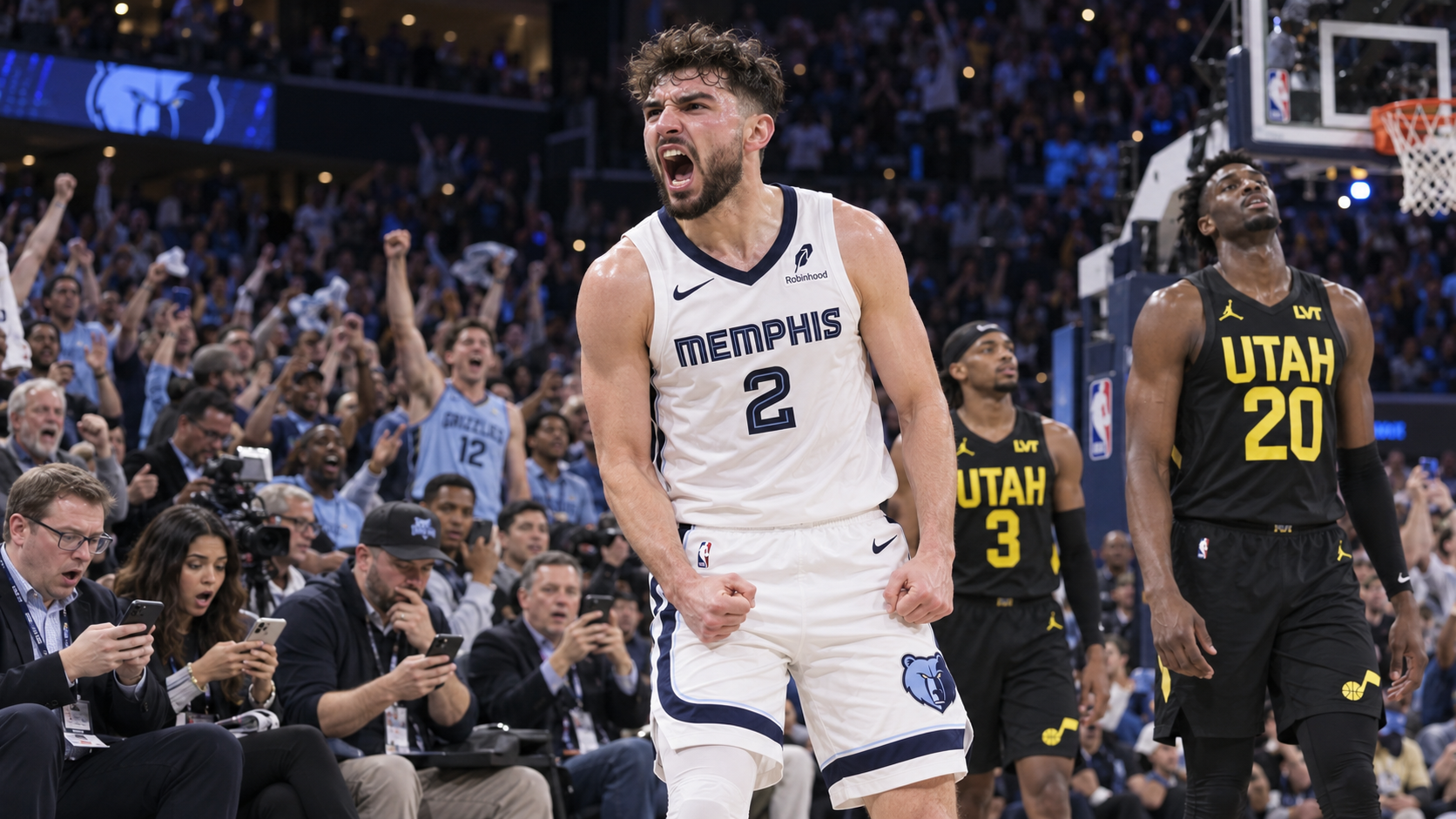 Ty Jerome celebrates in white Memphis Grizzlies No. 2 jersey as Jaren Jackson Jr. watches in black Utah Jazz No. 20 jersey; shocked reporters check phones courtside.