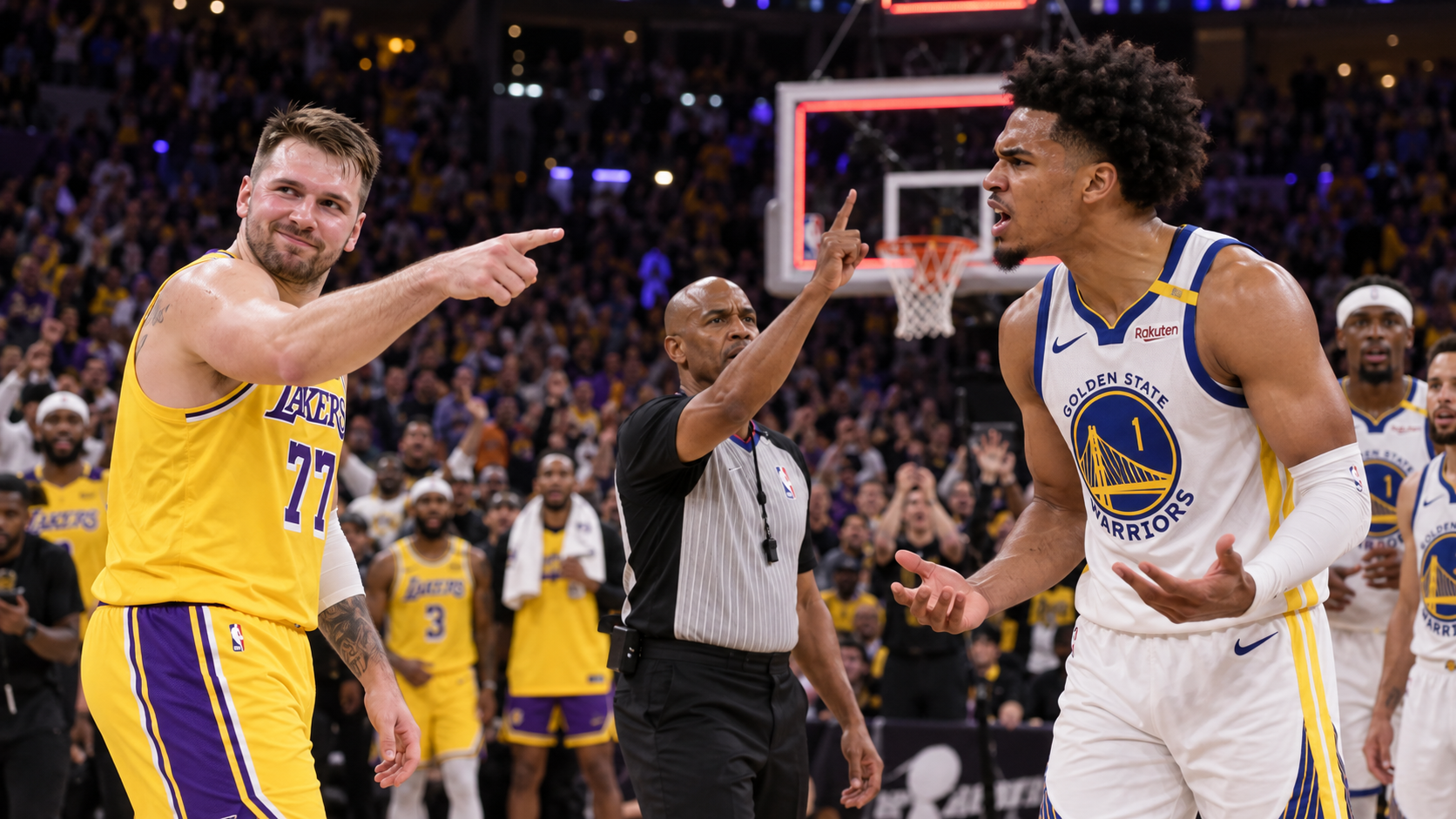 Smirking Luka Dončić in gold Lakers No. 77 points at Yaxel Lendeborg in white Warriors No. 1, who protests with open hands as a referee signals a technical foul.