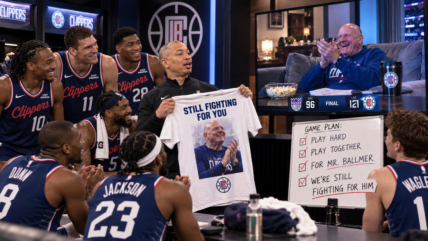 Tyronn Lue holds a white Steve Ballmer tribute shirt in a Clippers locker room while current Clippers players celebrate, a television shows Ballmer clapping at home and the final score Clippers 121, Kings 96.