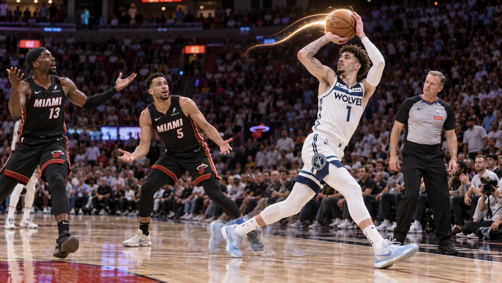 LaMelo Ball in white Minnesota Timberwolves number 1 jersey stretches into an exaggerated sidestep three-pointer with a glowing trail around the ball and ghostly extra footsteps, as two black-uniformed Miami defenders and a referee react.