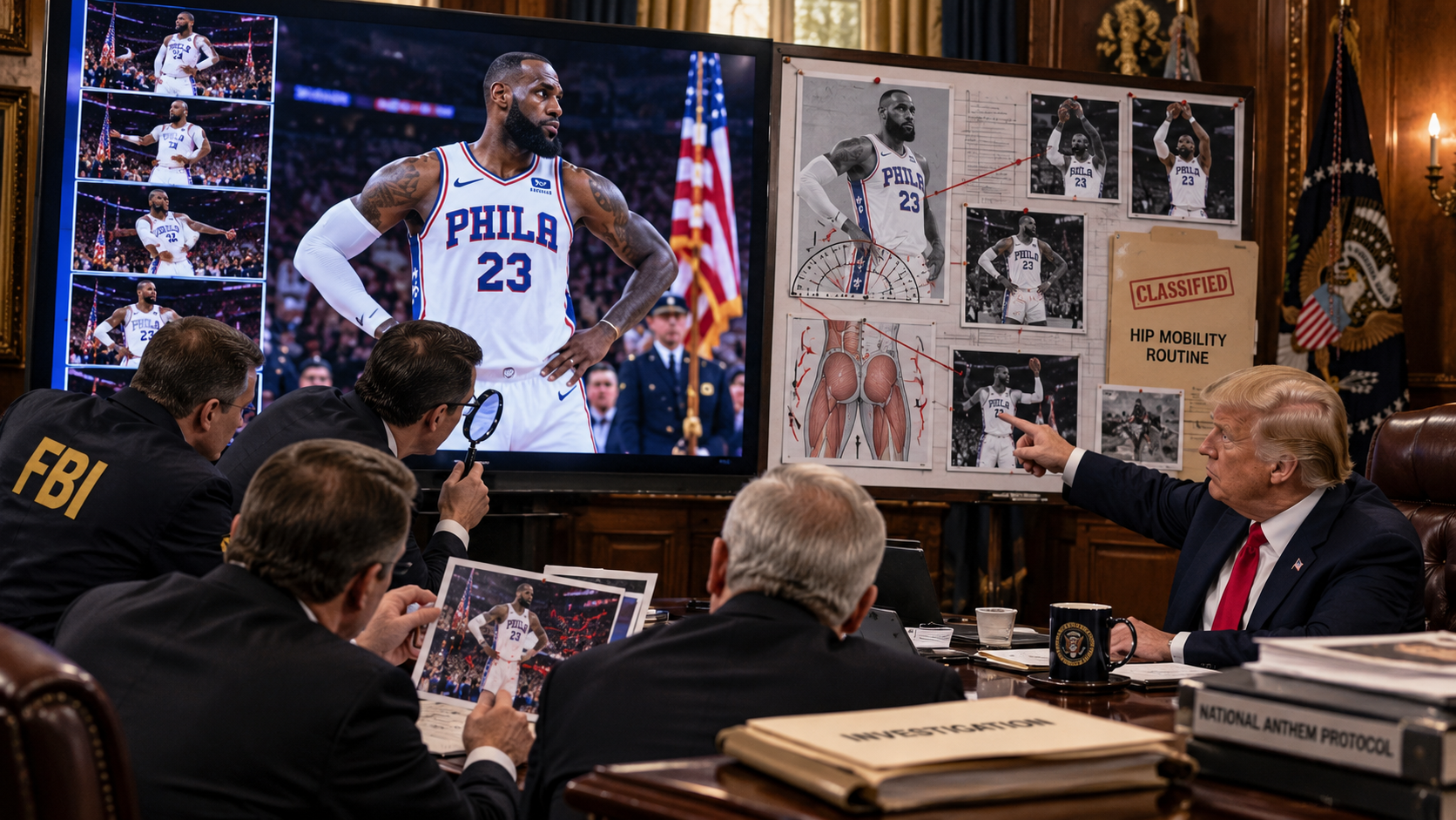 Satirical White House-style investigation room where a Trump-like president and suited investigators examine giant screens and evidence boards analyzing LeBron James in a white Philadelphia 76ers number 23 jersey performing pregame warmups.