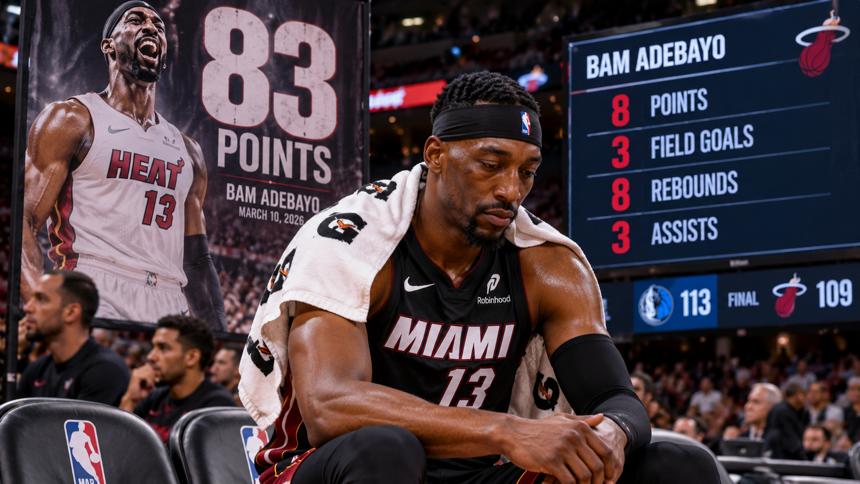 Satirical Miami Heat bench scene with Bam Adebayo in black No. 13 beside an 83-point retrospective poster and a stat board showing 8 points, 3 field goals, 8 rebounds and 3 assists.