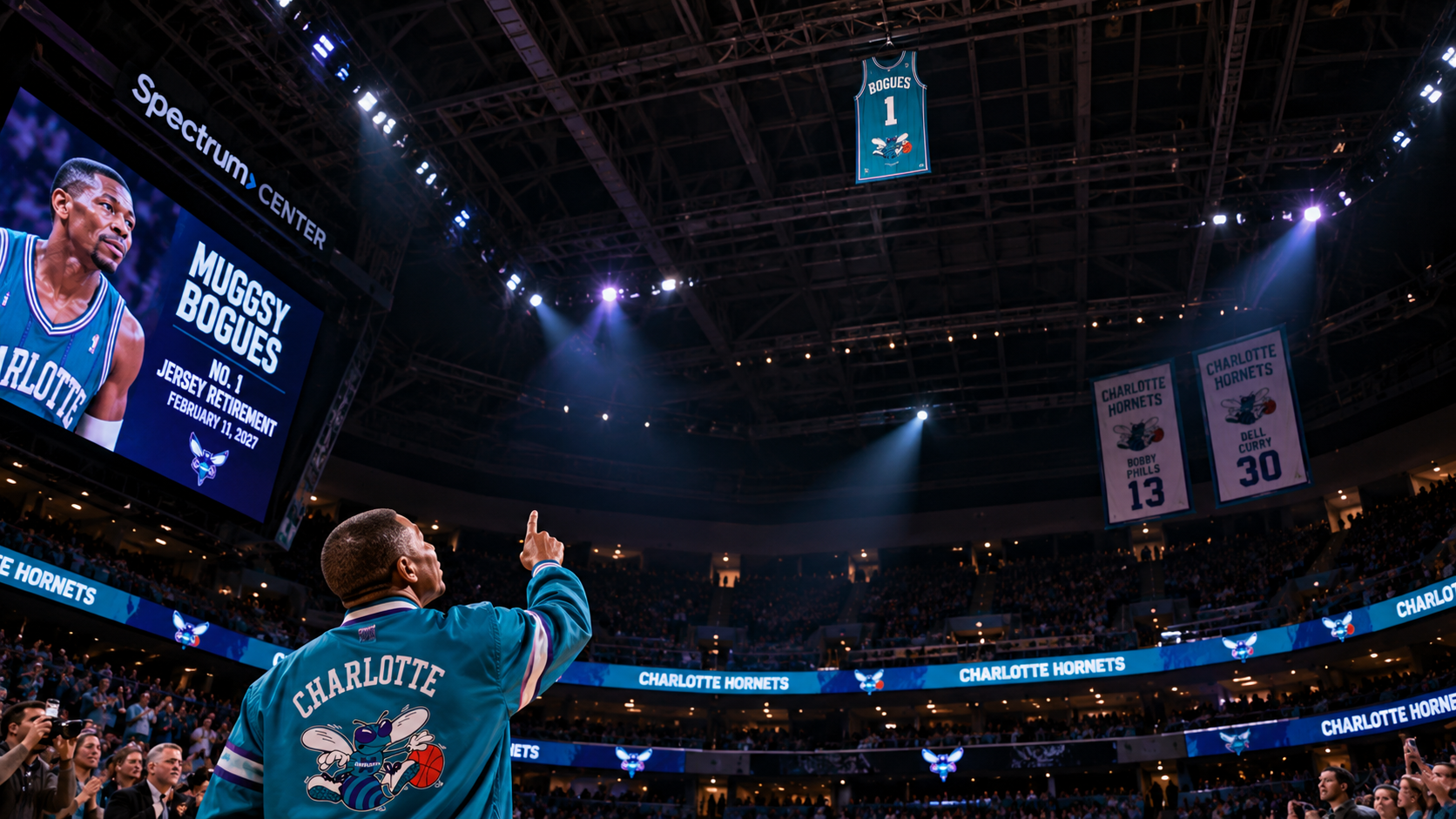 Satirical Charlotte arena scene with a Muggsy Bogues-like figure pointing toward a distant No. 1 banner high in the rafters, with Bobby Phills and Dell Curry retired-number banners nearby.