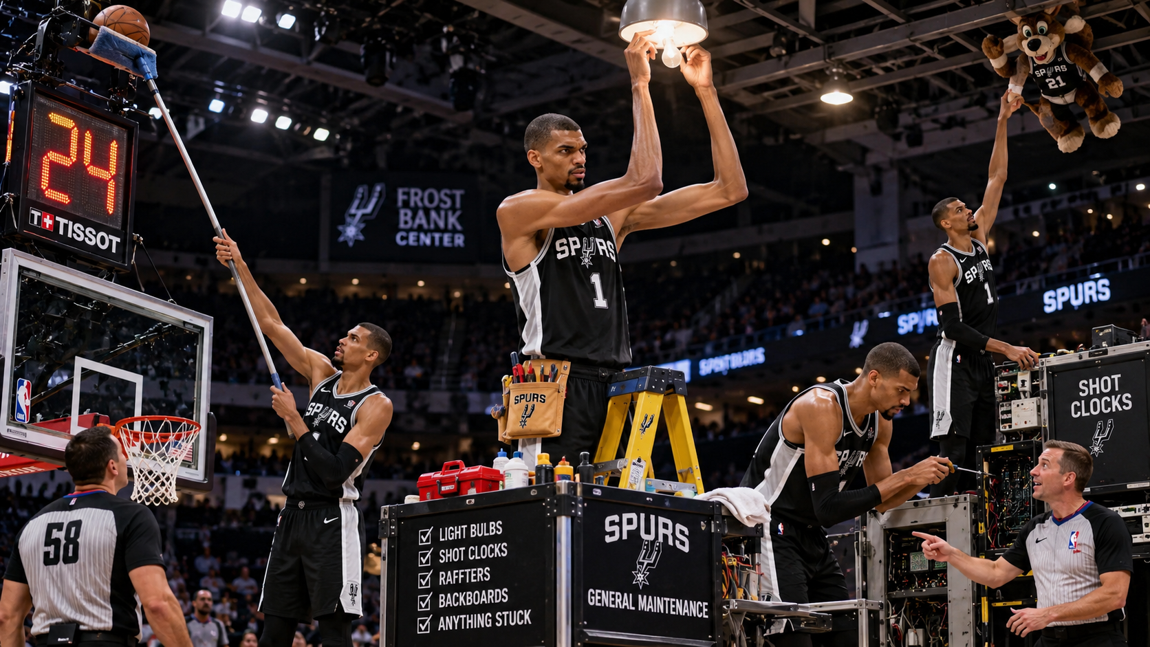 Satirical arena-maintenance montage showing Victor Wembanyama in a black Spurs No. 1 jersey changing a light, retrieving a ball with a mop and handling other maintenance tasks.
