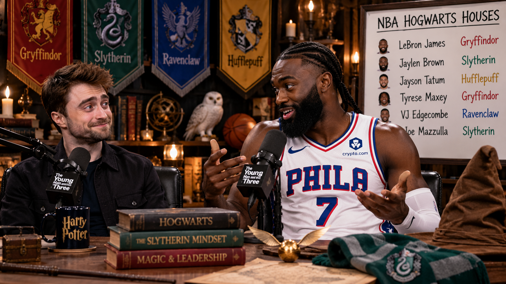 Satirical Hogwarts-themed podcast scene with Jaylen Brown in a Philadelphia 76ers No. 7 jersey and Daniel Radcliffe.