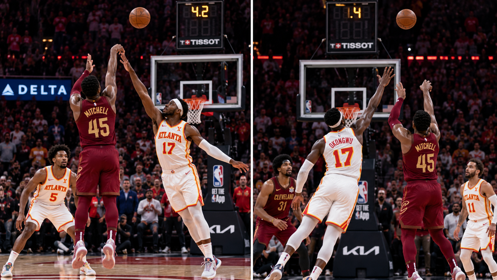 Satirical two-panel Cavaliers-Hawks game scene showing Donovan Mitchell taking two late potential game-tying three-pointers.