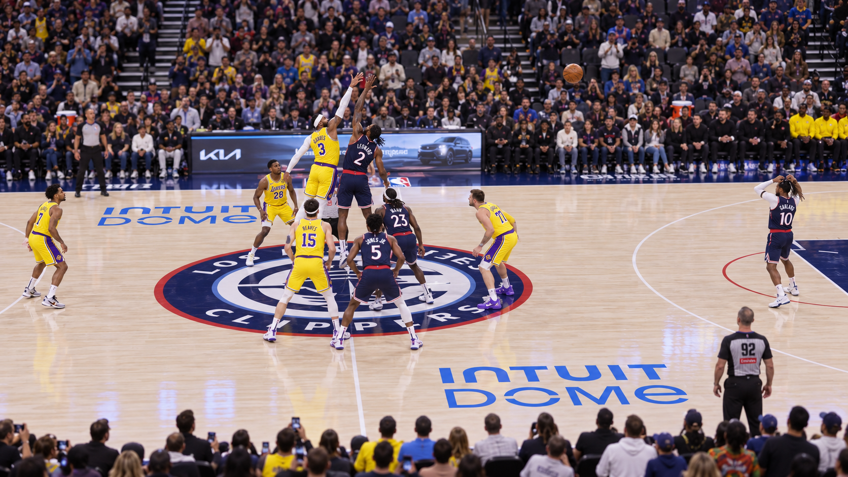 Satirical Clippers-Lakers opening-tip scene with Darius Garland fixing his hair as play begins.