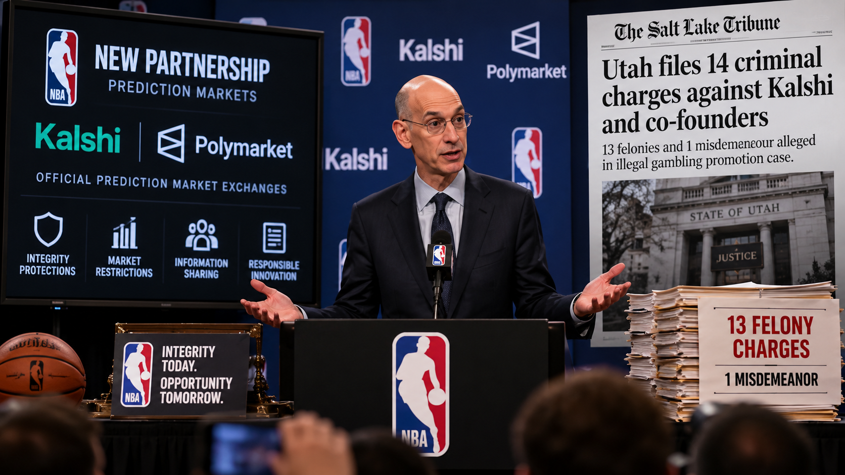 Satirical NBA press-conference composite about prediction-market partnerships, gambling integrity and criminal allegations involving Kalshi.