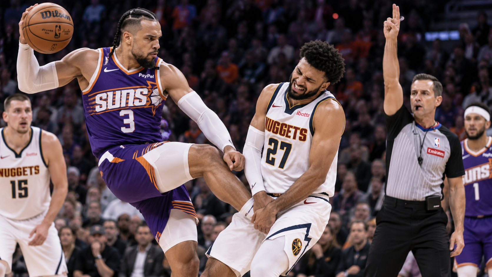 Satirical Suns-Nuggets game scene with Dillon Brooks in Phoenix No. 3 making contact with Jamal Murray in Denver No. 27 as a referee signals a foul.