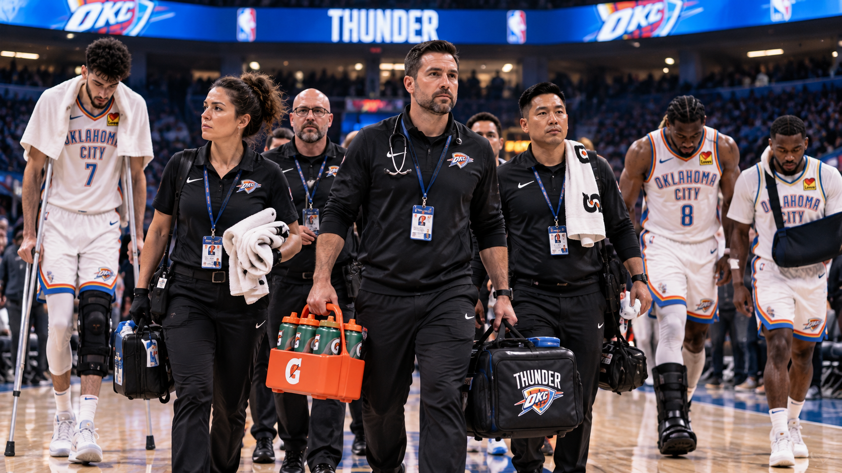 Satirical Oklahoma City Thunder arena scene with medical staff and injured players entering beside training equipment.