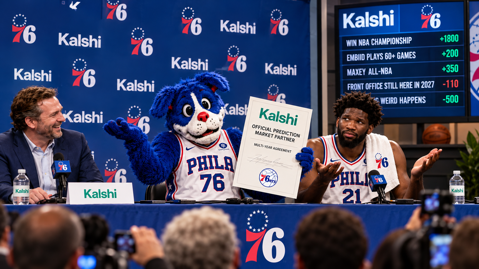 Satirical 76ers-Kalshi press conference scene with a team mascot, suited executive, a Sixers No. 21 player and a prediction-market odds screen.